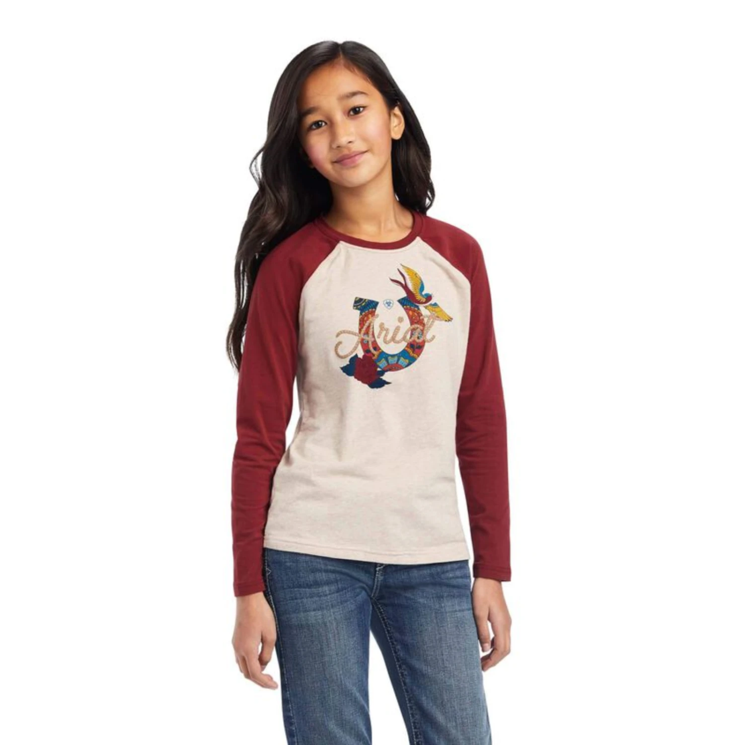 Ariat® Girl's R.E.A.L™ Ropey Rose Oatmeal Heather & Red Shirt 10041325 3 Ariat® Girl's R.E.A.L™ Ropey Rose Oatmeal Heather & Red Shirt 10041325