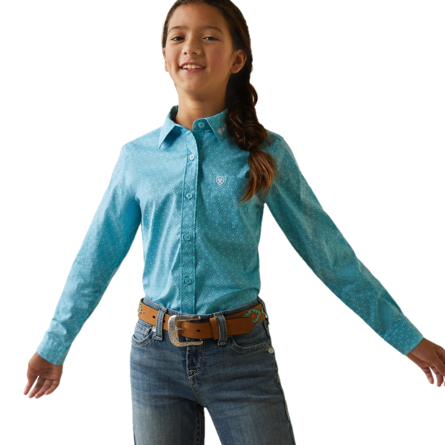 Ariat® Girl's Team Kirby Caidan Print Blue Button Down Shirt 10043457 3 Ariat® Girl's Team Kirby Caidan Print Blue Button Down Shirt 10043457
