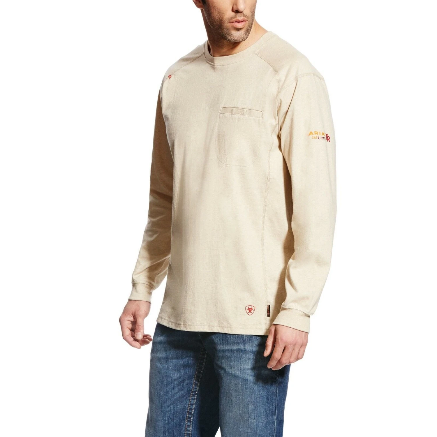 Ariat® Men's FR Air Crew Sand Heather Long Sleeve T-Shirt 10022328 3 Ariat® Men's FR Air Crew Sand Heather Long Sleeve T-Shirt 10022328