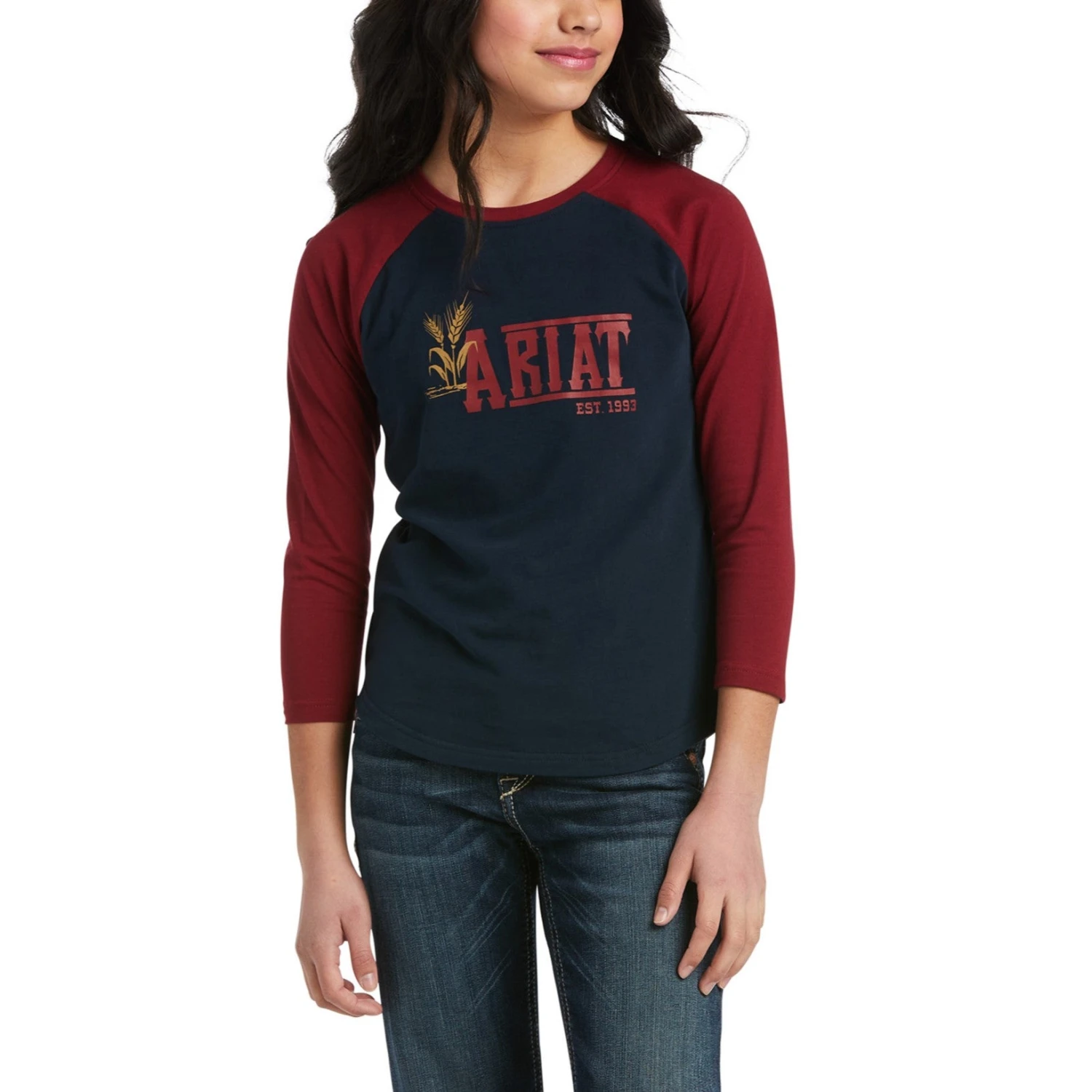Ariat® Girl's REAL Farm Dark Sapphire Baseball T-Shirt 10037973 3 Ariat® Girl's REAL Farm Dark Sapphire Baseball T-Shirt 10037973
