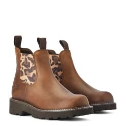 Ariat® Ladies Fatbaby® Twin Gore Tan & Leopard Ankle Boots 10042418 -Ariat Shoes Shop F22 WMS WEST 10042418 pair