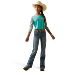 Ariat® Youth Girl's Serape Logo Blue & Grey Baseball T-Shirt 10043630 -Ariat Shoes Shop S23 GLS WEST 10043630 front