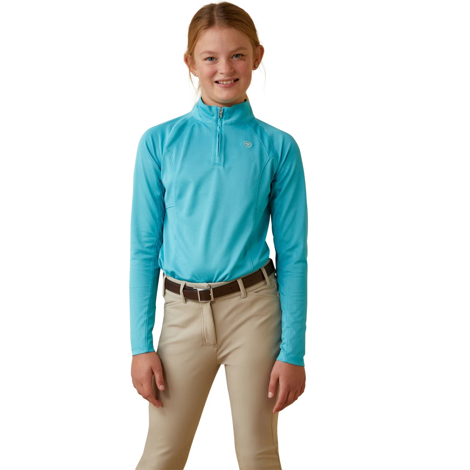 Ariat® Youth Girls Sunstopper 2.0 Maui Blue 1/4 Zip Baselayer 10043604 3 Ariat® Youth Girls Sunstopper 2.0 Maui Blue 1/4 Zip Baselayer 10043604