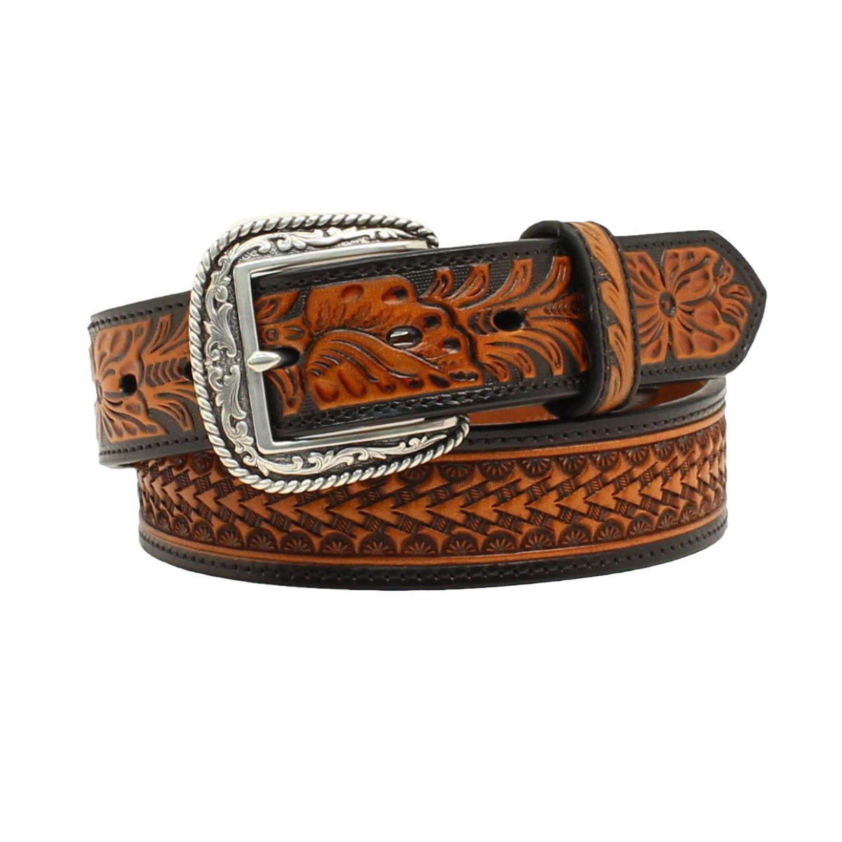 Ariat Men's Floral Embossed Black And Tan Leather Belt A1020867 3 Ariat Men's Floral Embossed Black And Tan Leather Belt A1020867