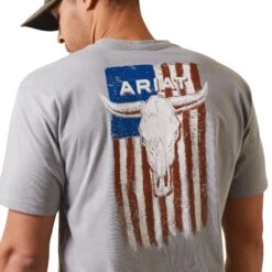 Ariat® Men's Steer Skull Flag Stone Grey Heather T-Shirt 10044771 -Ariat Shoes Shop S23 MNS WEST 10044771 detail01
